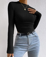 Long Sleeve Waffle Knit Crop Top with Crew Neck