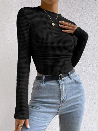 Long Sleeve Waffle Knit Crop Top with Crew Neck
