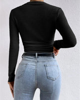 Long Sleeve Waffle Knit Crop Top with Crew Neck