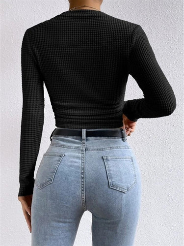 Long Sleeve Waffle Knit Crop Top with Crew Neck