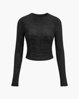 Long Sleeve Waffle Knit Crop Top with Crew Neck