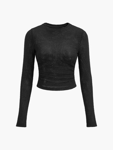 Long Sleeve Waffle Knit Crop Top with Crew Neck