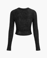 Long Sleeve Waffle Knit Crop Top with Crew Neck
