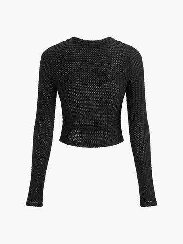 Long Sleeve Waffle Knit Crop Top with Crew Neck