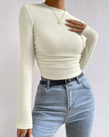 Long Sleeve Waffle Knit Crop Top with Crew Neck
