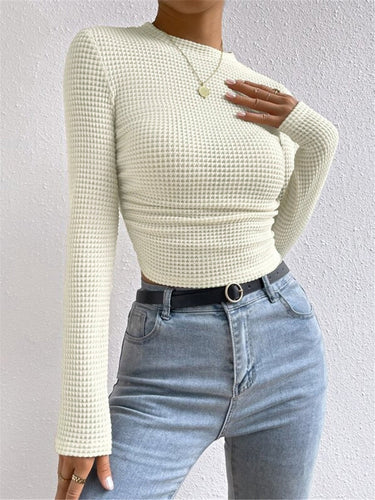 Long Sleeve Waffle Knit Crop Top with Crew Neck