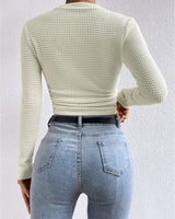 Long Sleeve Waffle Knit Crop Top with Crew Neck