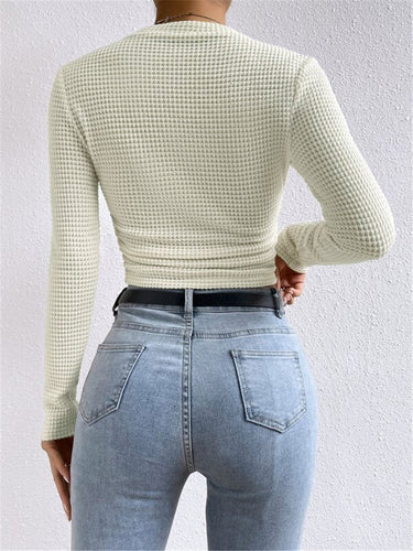 Long Sleeve Waffle Knit Crop Top with Crew Neck