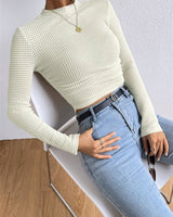 Long Sleeve Waffle Knit Crop Top with Crew Neck