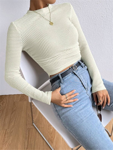 Long Sleeve Waffle Knit Crop Top with Crew Neck