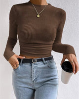 Long Sleeve Waffle Knit Crop Top with Crew Neck