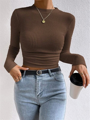 Long Sleeve Waffle Knit Crop Top with Crew Neck