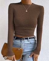 Long Sleeve Waffle Knit Crop Top with Crew Neck