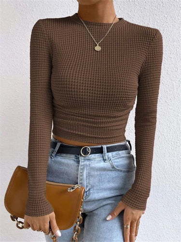 Long Sleeve Waffle Knit Crop Top with Crew Neck
