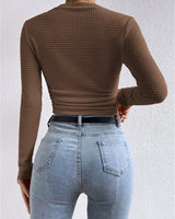 Long Sleeve Waffle Knit Crop Top with Crew Neck