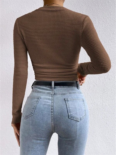 Long Sleeve Waffle Knit Crop Top with Crew Neck