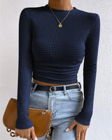Long Sleeve Waffle Knit Crop Top with Crew Neck