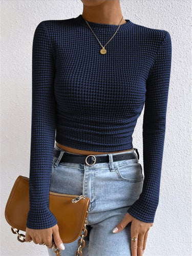 Long Sleeve Waffle Knit Crop Top with Crew Neck
