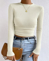 Long Sleeve Waffle Knit Crop Top with Crew Neck