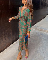 Long Sleeve Wrap Midi Dress with V Neck