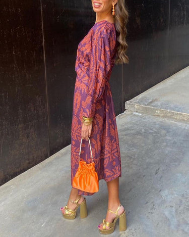 Long Sleeve Wrap Midi Dress with V Neck