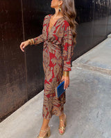 Long Sleeve Wrap Midi Dress with V Neck