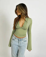 Long-Sleeve Wrap Top with Lace Trim and Deep V-Neck