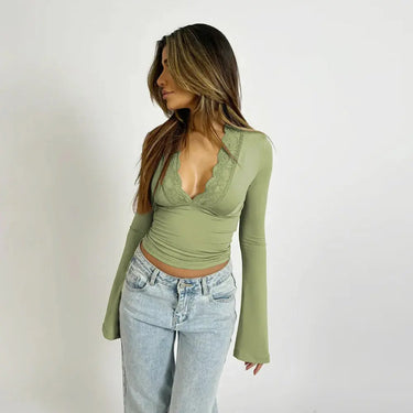 Long-Sleeve Wrap Top with Lace Trim and Deep V-Neck