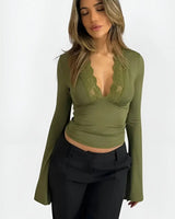 Long-Sleeve Wrap Top with Lace Trim and Deep V-Neck