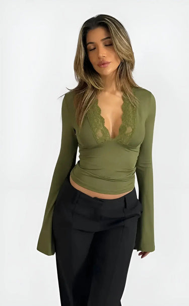 Long-Sleeve Wrap Top with Lace Trim and Deep V-Neck