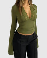 Long-Sleeve Wrap Top with Lace Trim and Deep V-Neck