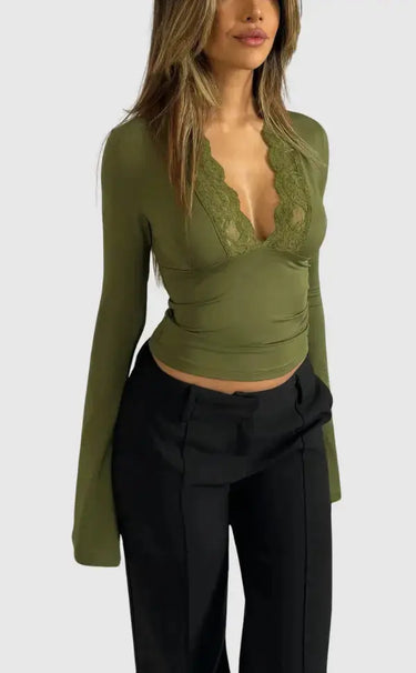 Long-Sleeve Wrap Top with Lace Trim and Deep V-Neck