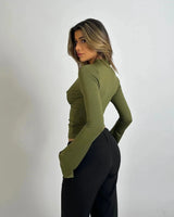 Long-Sleeve Wrap Top with Lace Trim and Deep V-Neck