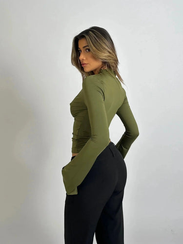 Long-Sleeve Wrap Top with Lace Trim and Deep V-Neck