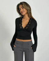 Long-Sleeve Wrap Top with Lace Trim and Deep V-Neck