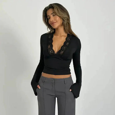 Long-Sleeve Wrap Top with Lace Trim and Deep V-Neck
