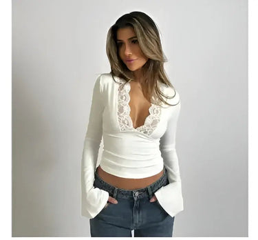 Long-Sleeve Wrap Top with Lace Trim and Deep V-Neck