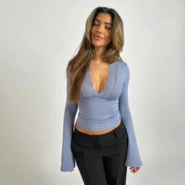 Long-Sleeve Wrap Top with Lace Trim and Deep V-Neck