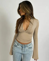 Long-Sleeve Wrap Top with Lace Trim and Deep V-Neck