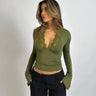 Long-Sleeve Wrap Top with Lace Trim and Deep V-Neck