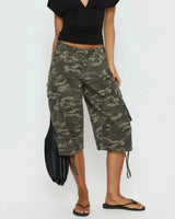 Longline Camo Cargo Shorts with Drawstring Hems