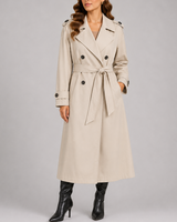 Longline trench coat with structured lapel collar and relaxed silhouette, front view