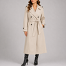 Longline trench coat with structured lapel collar and relaxed silhouette, front view