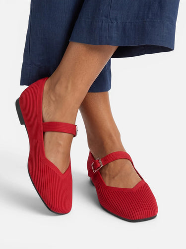Detail shot of ribbed mesh texture on Mary Jane flat upper