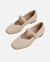 Close-up of square toe and V-cut vamp on Mary Jane flat