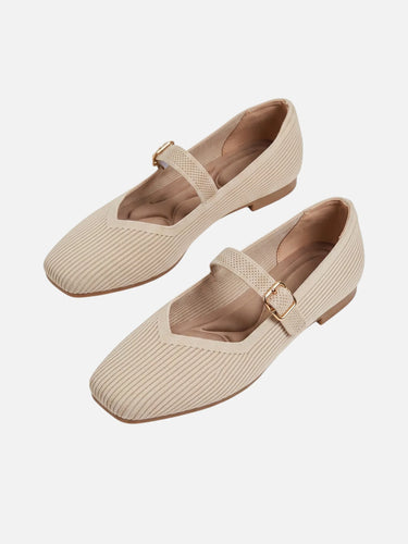 Close-up of square toe and V-cut vamp on Mary Jane flat
