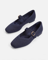 Top-down view of ribbed mesh upper on Mary Jane ballet flat