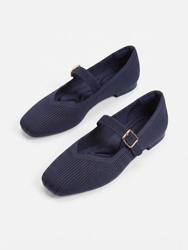 Top-down view of ribbed mesh upper on Mary Jane ballet flat