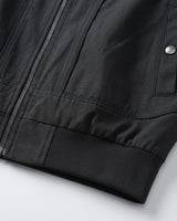 Close-up of the stand-up collar and zip fastening detail