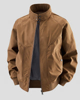 Rear view of the men's faux leather bomber jacket